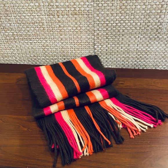 Super Soft Long Acrylic Brown & Hot Pink Striped Fringe Scarf - Picture 4 of 9